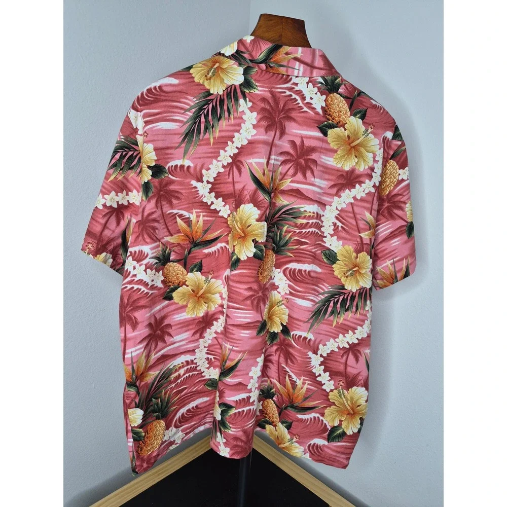 Hilo Hattie Vintage Hawaiian Shirt Mens Large Pink Pineapple Hibiscus Cotton
